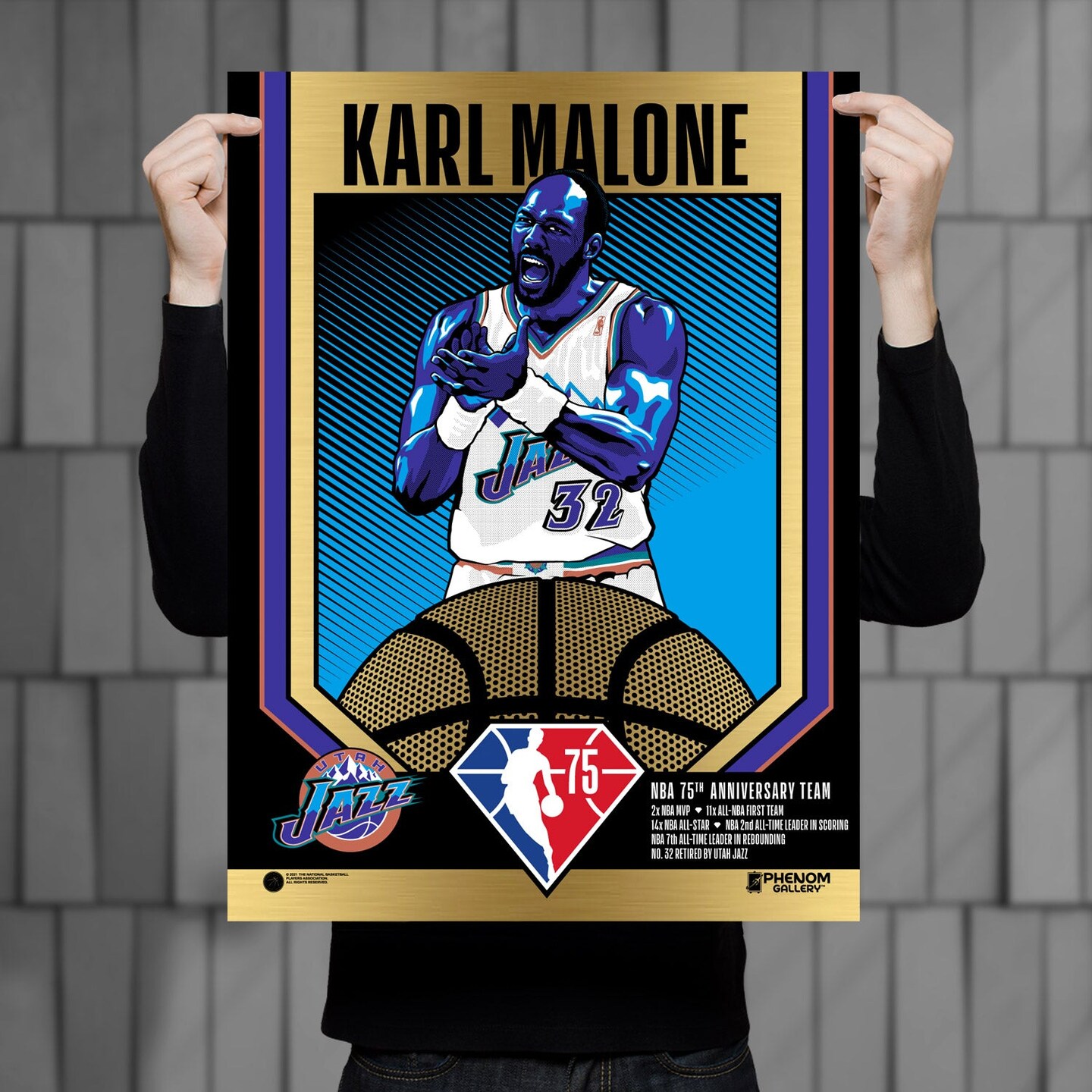 Phenom Gallery Utah Jazz 75th Anniversary Karl Malone 18&#x22; x 24&#x22; Gold Foil Serigraph