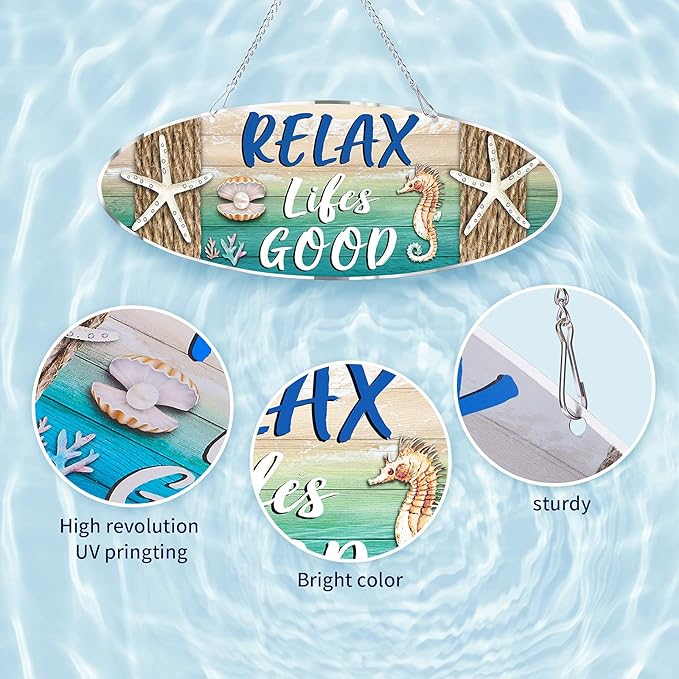Beach Sign Decor Hanging Sea Decorations Starfish Wall Decoration Beach Plaque Door Wall Plaque Decor Sign with Seahorse and Scallop for Decoration(Classic Style)