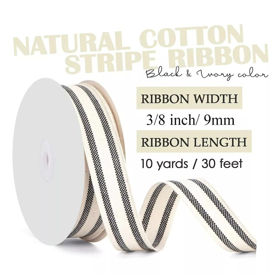 3/8&#x22; Natural Cotton Stripes Ribbon Striped Grosgrain Ribbon Striped Cotton Ivory