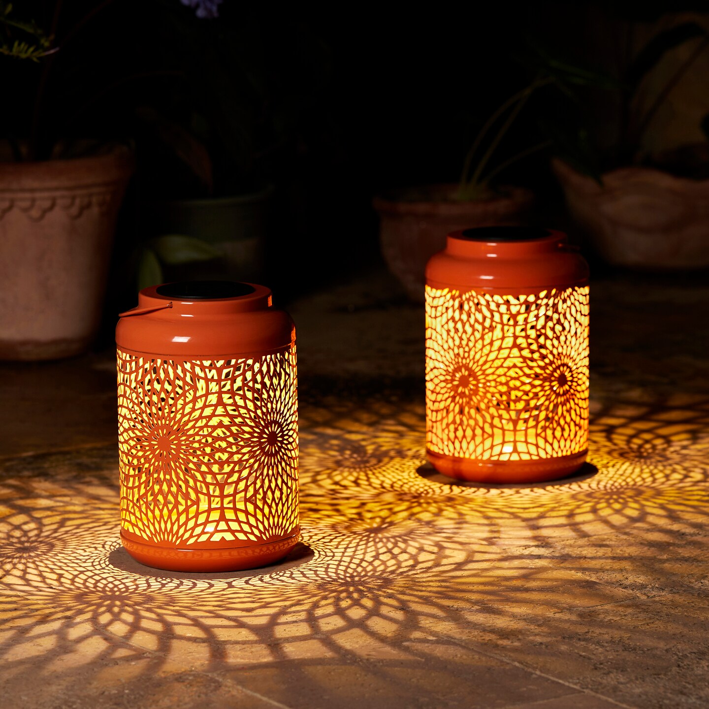 Set of 2/4 8.75&#x22;H Metal Cutout Scrollwork Solar Powered LED Outdoor Lantern with handle