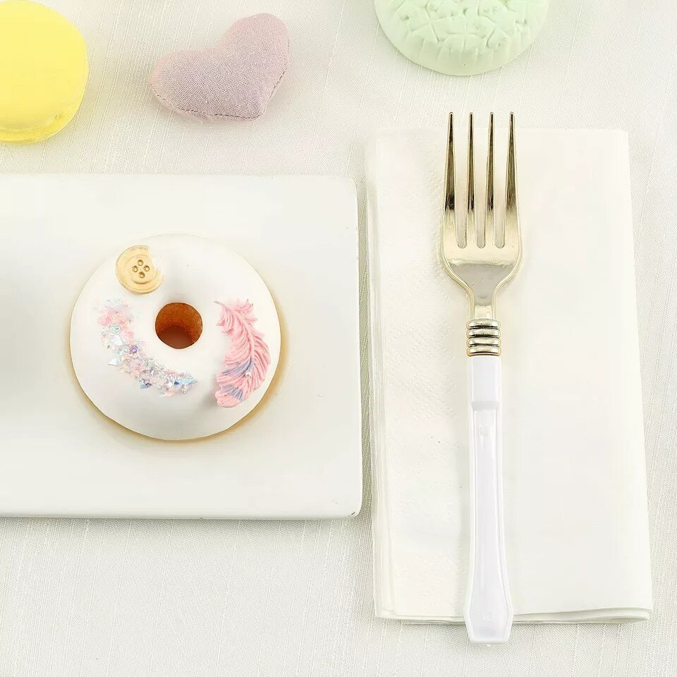 24 Metallic Gold White Handle Disposable Plastic 7&#x22; Forks Party Wedding Supplies