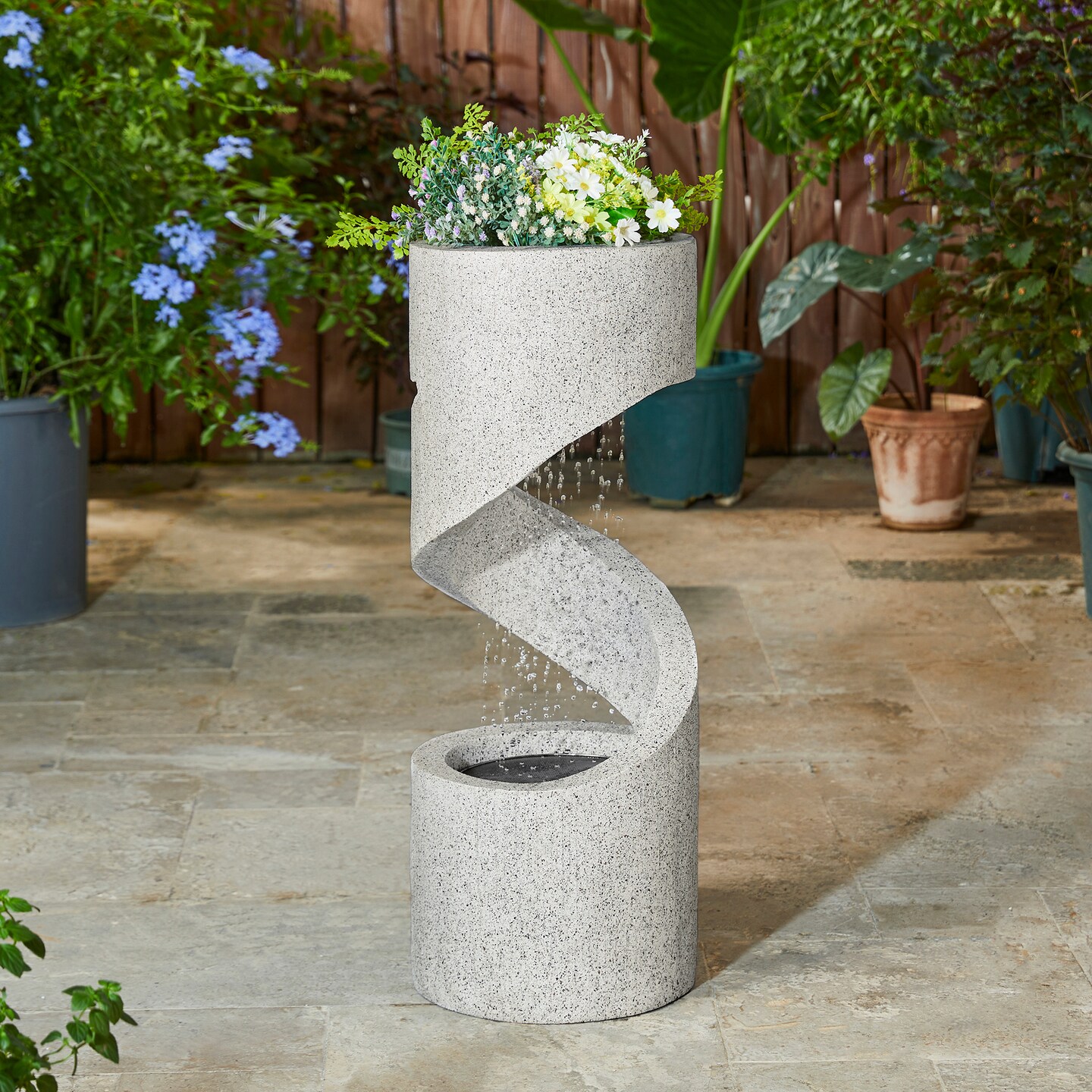 31.25&#x22;H Spiral Shaped Outdoor Fountain with LED Light, Polyresin, Includes Pump, Multiple Colors