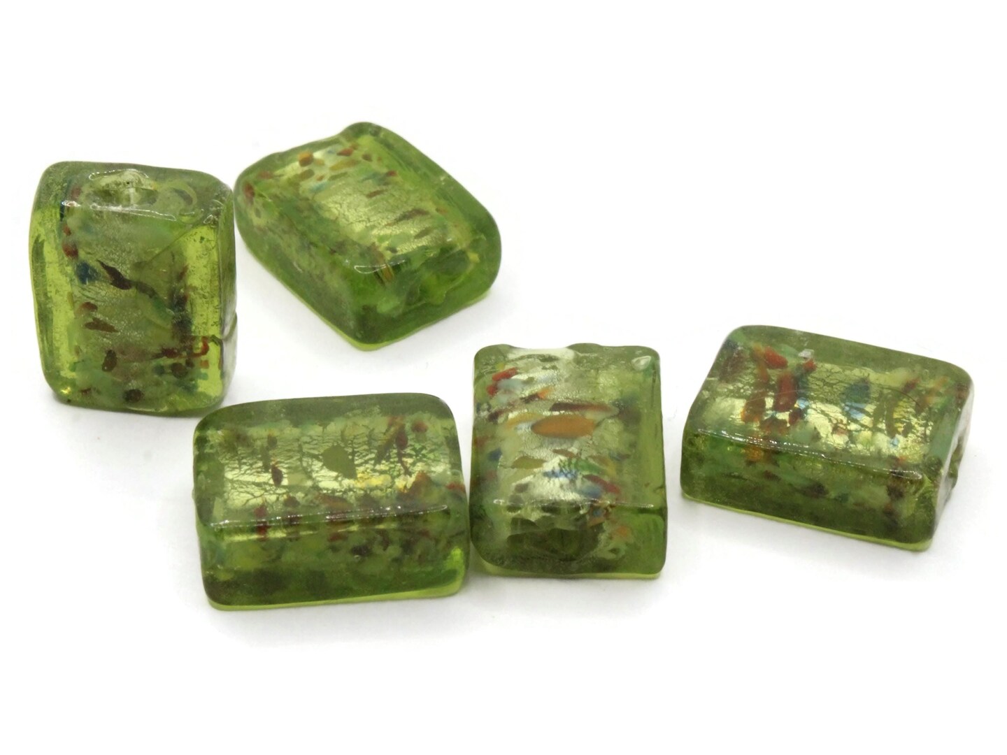 5 20mm Green Speckled Flat Rectangle Lampwork Glass Beads