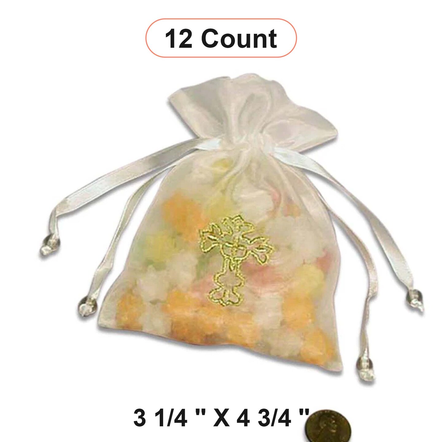 Golden Cross Embroidered Organza Bags 3 1/4'' x 4 3/4'' Gifts