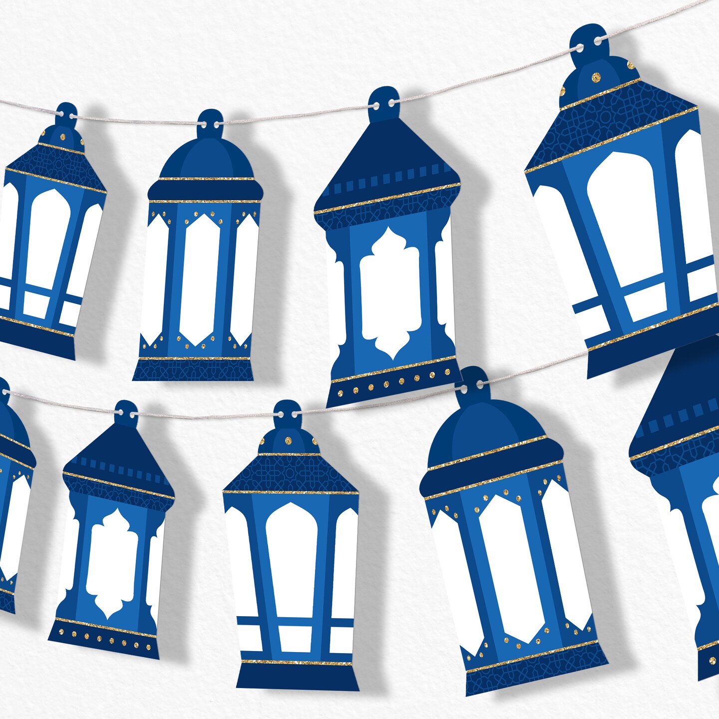 Big Dot of Happiness Ramadan Lanterns Garland Banner, Eid Decorations, Hanging Bunting Photo Backdrop, 10 Feet of Cord, 15 Paper Blue Fanous