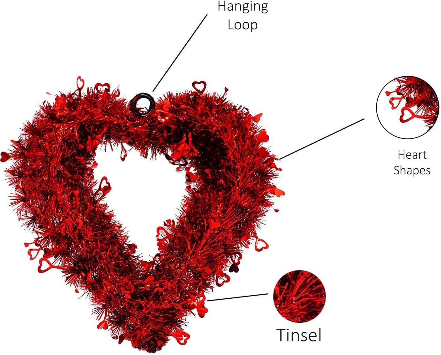 4E's Novelty 14" Valentines Wreath - Tinsel Wreath with Red Heart Design, Perfect Front Door Wreath, Sparkly Hanging Wreath for Romantic Decor