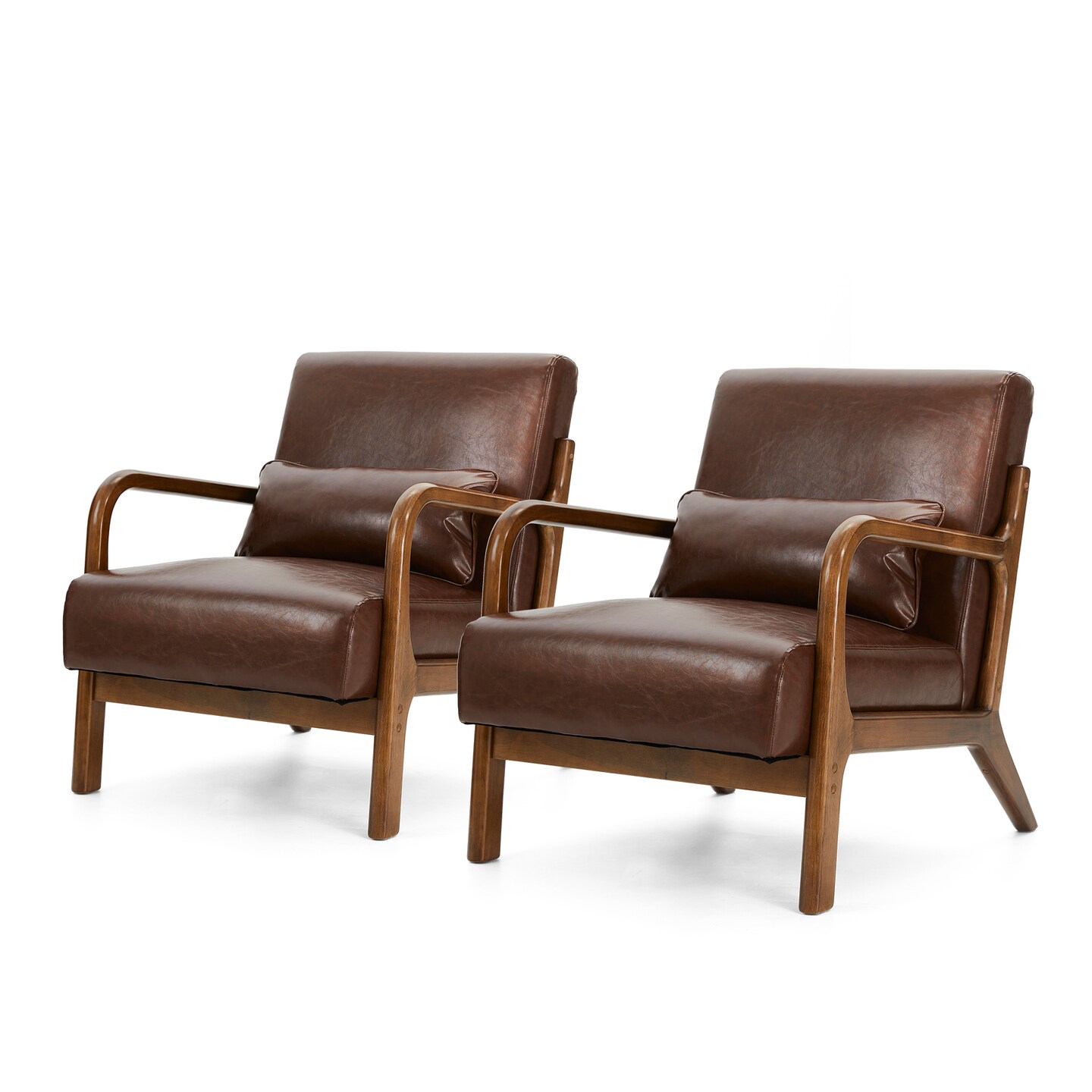 Set of 2 30.75"H Mid-Century Modern PU Leather Armchair Accent Chairs with Pillow
