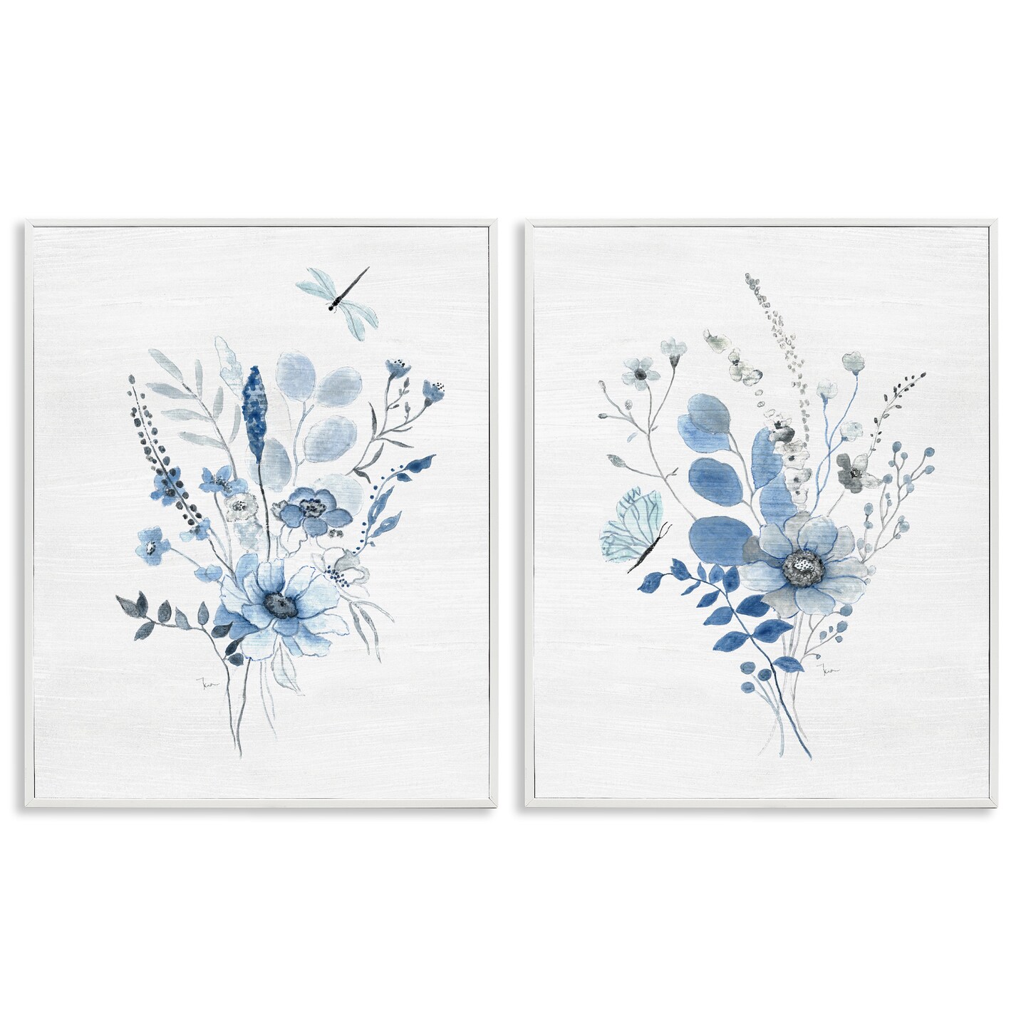 Stupell Industries Blue Dragonfly Flower 2 pc Framed Giclee Wall Art Set Design by Janet Tava