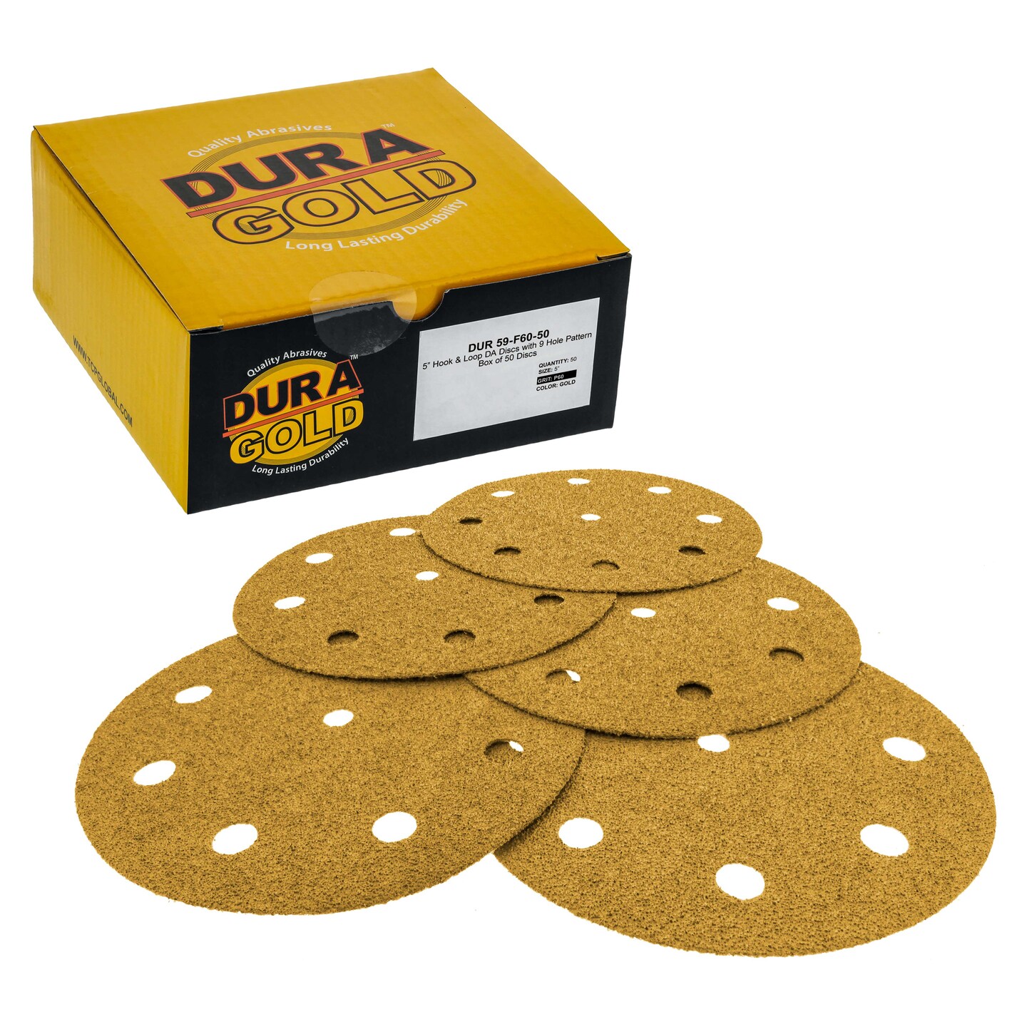 60 Grit - 5&#x22; Gold DA Sanding Discs - 9-Hole Pattern Hook and Loop - Box of 50