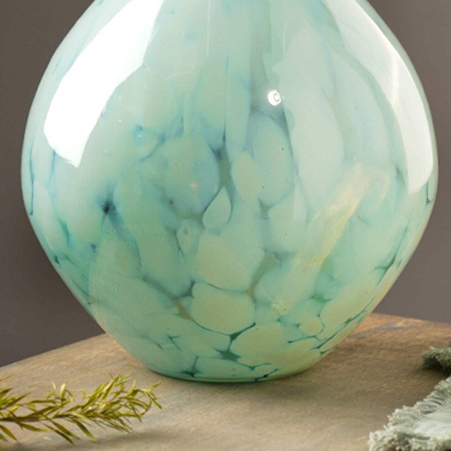 Decorative White Splutter Green Glass Rounded Vase-8.5x11 inch