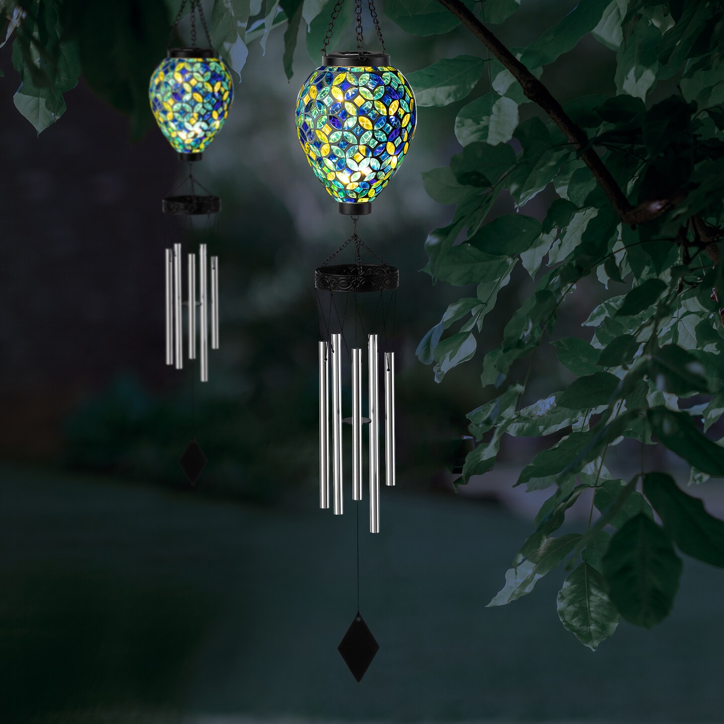 Set of 2 37&#x22;H Solar Lighted Metal and Glass Mosaic Windchime