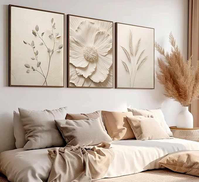 3Pcs Neutral Beige Floral Plant Canvas Wall art Textured Flower Botanical Painting Picture Wall Decor Vintage Blossom Poster Prints for Living Room Bedroom Bathroom Decoration Unframed