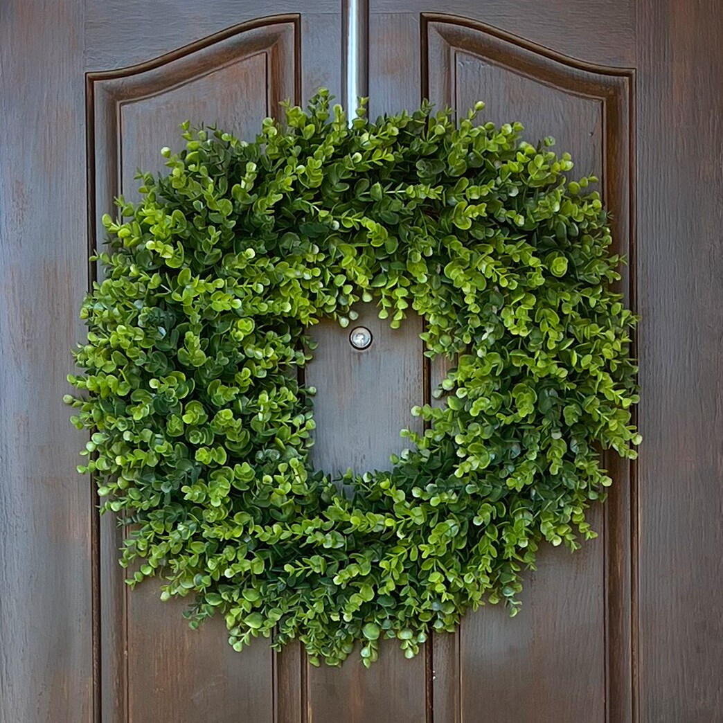 Haute Decor 24 Inch Premium Artificial Boxwood Wreath - Spring or Summer Wreath for Front Door - Boxwood Artificial Greenery with Natural Grapevine Base