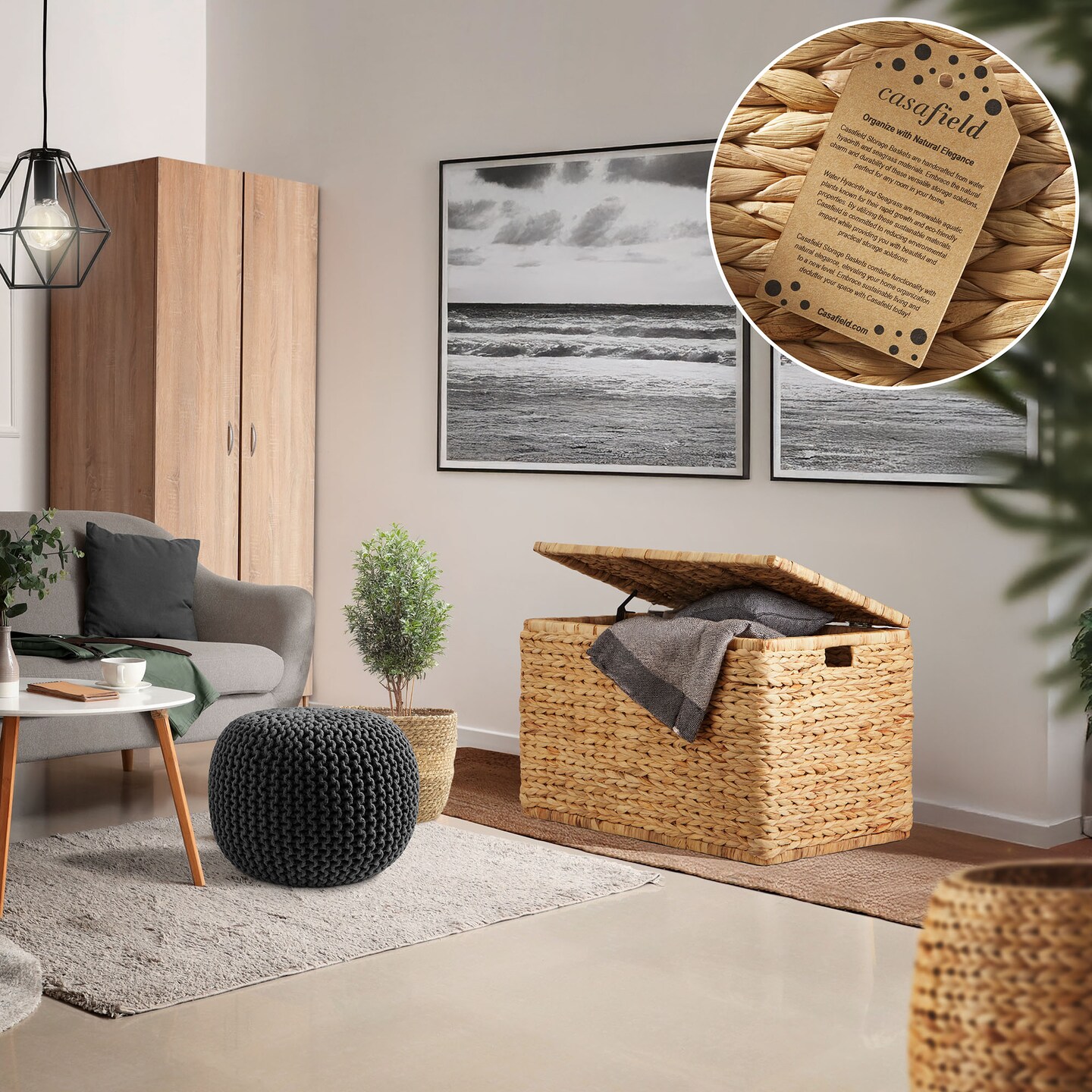 Casafield 30&#x22; Storage Chest with Lid, Handles, and Safety Hinge - Water Hyacinth Wicker Storage Trunk for Entry Way, Living Room, Bedroom