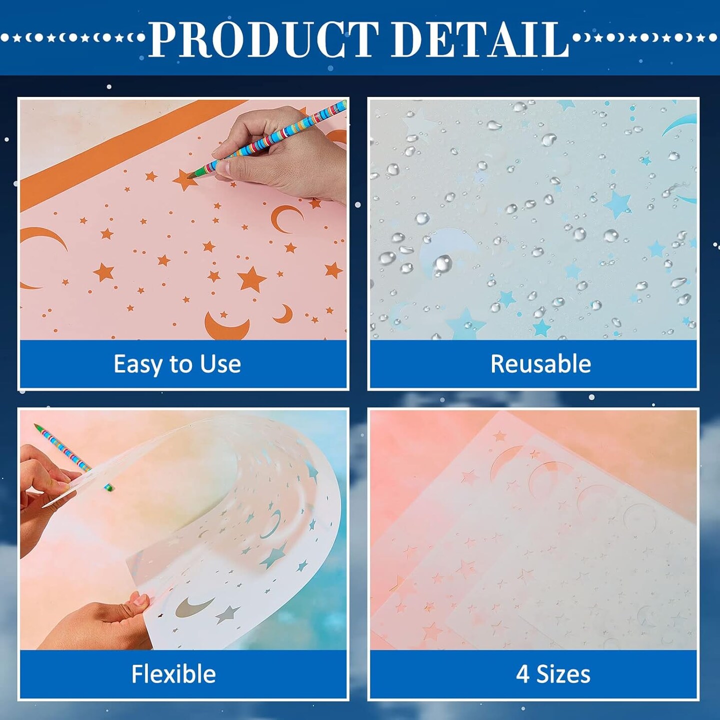 4 Pack Star Stencil 4 Sizes Star Shaped Painting Template Reusable Plastic Twinkle Starburst Painting Stencils for Wall Wood Canvas Fabric, Use for Flag Day Home Decor DIY Crafts(Stars and Moon)