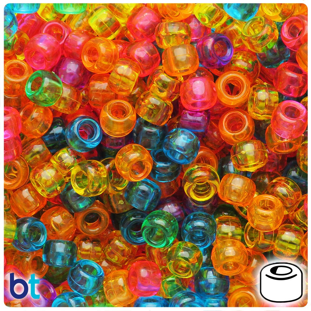 BeadTin Vibrant Transparent Mix 9mm Barrel Plastic Pony Beads (500pcs)