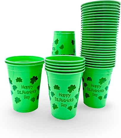 4E’s Novelty 50 Pcs St Patricks Day Party Cups Disposable Plastic 16 Oz Bulk Party Supplies for Kids Adults