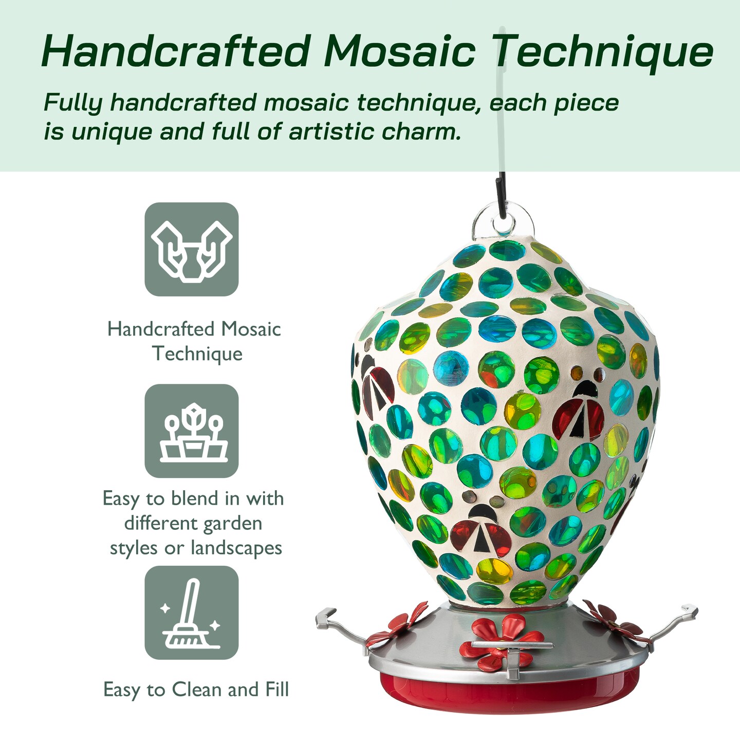 8.25&#x22;H Glass Hanging Blue/Green Dots &#x26; Ladybugs Mosaic Birdfeeder
