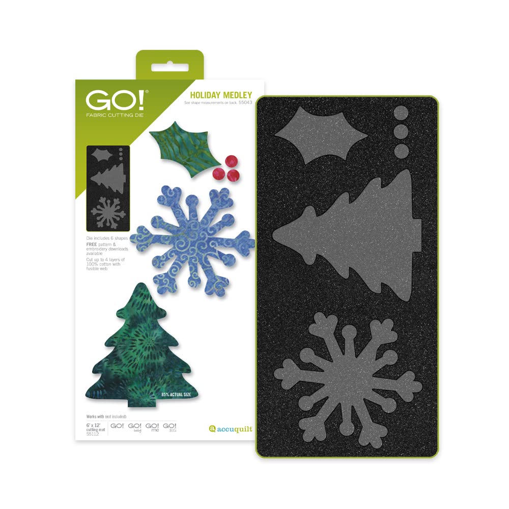 AccuQuilt GO! Holiday Medley Fabric Cutting Die &#x2013; Cuts Holly, Evergreen Trees, Snowflakes &#x2013; Perfect for Winter Quilting Projects, Scrapbooking, Appliqu&#xE9; &#x2013; Compatible with GO! Cutter Machines