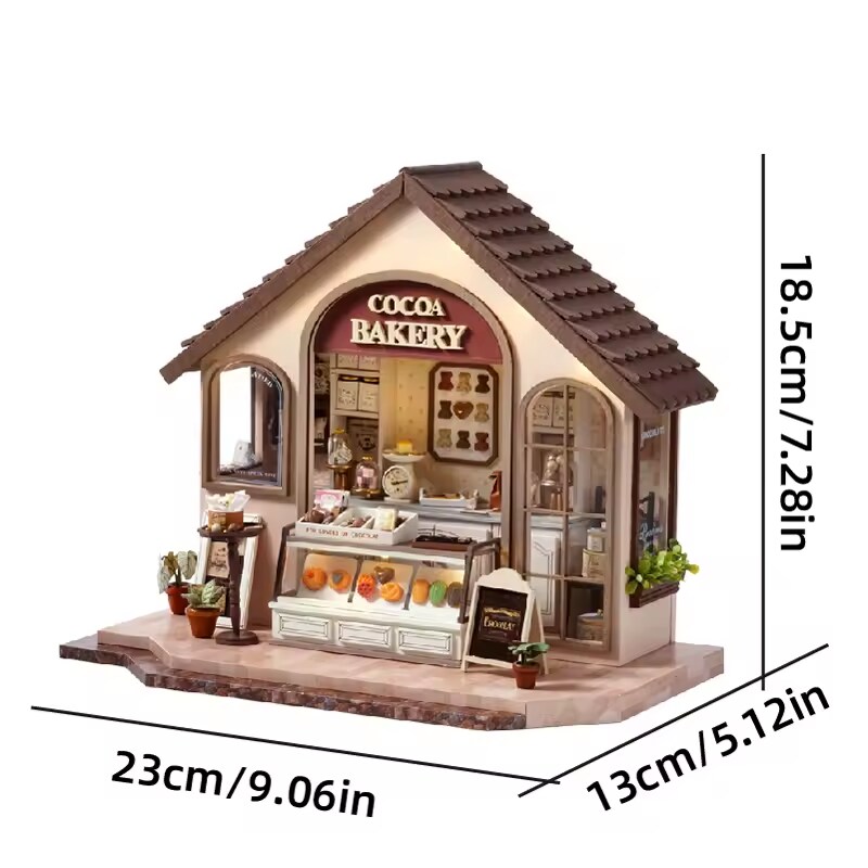 Cocoa Bakery Dollhouse Kit - Miniature Wizardi Roombox Kit with LED Light F07M51-57-DA-005-A
