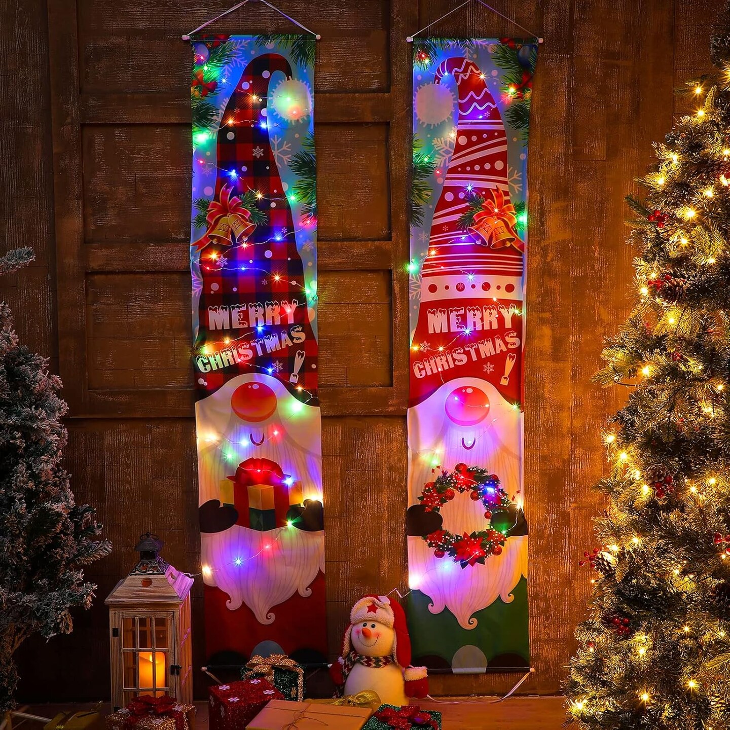 2 Pieces Lighted Gnome Christmas Banner Decorations Outdoor Xmas Hanging(bright colors)1"L x 1"W