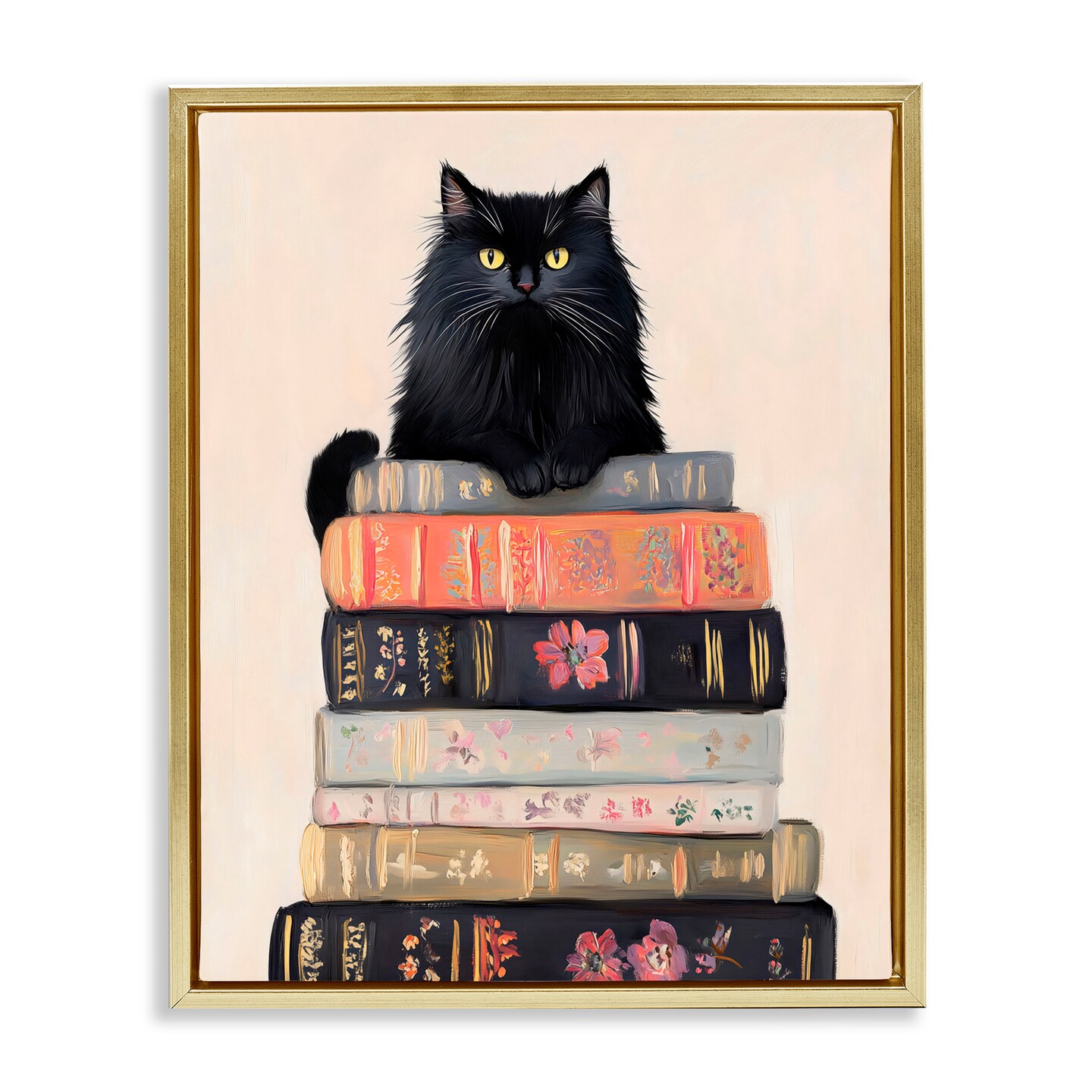 Stupell Industries Book Stack Black Cat Black Framed Floater Canvas Wall Art, design by Arlington Prints
