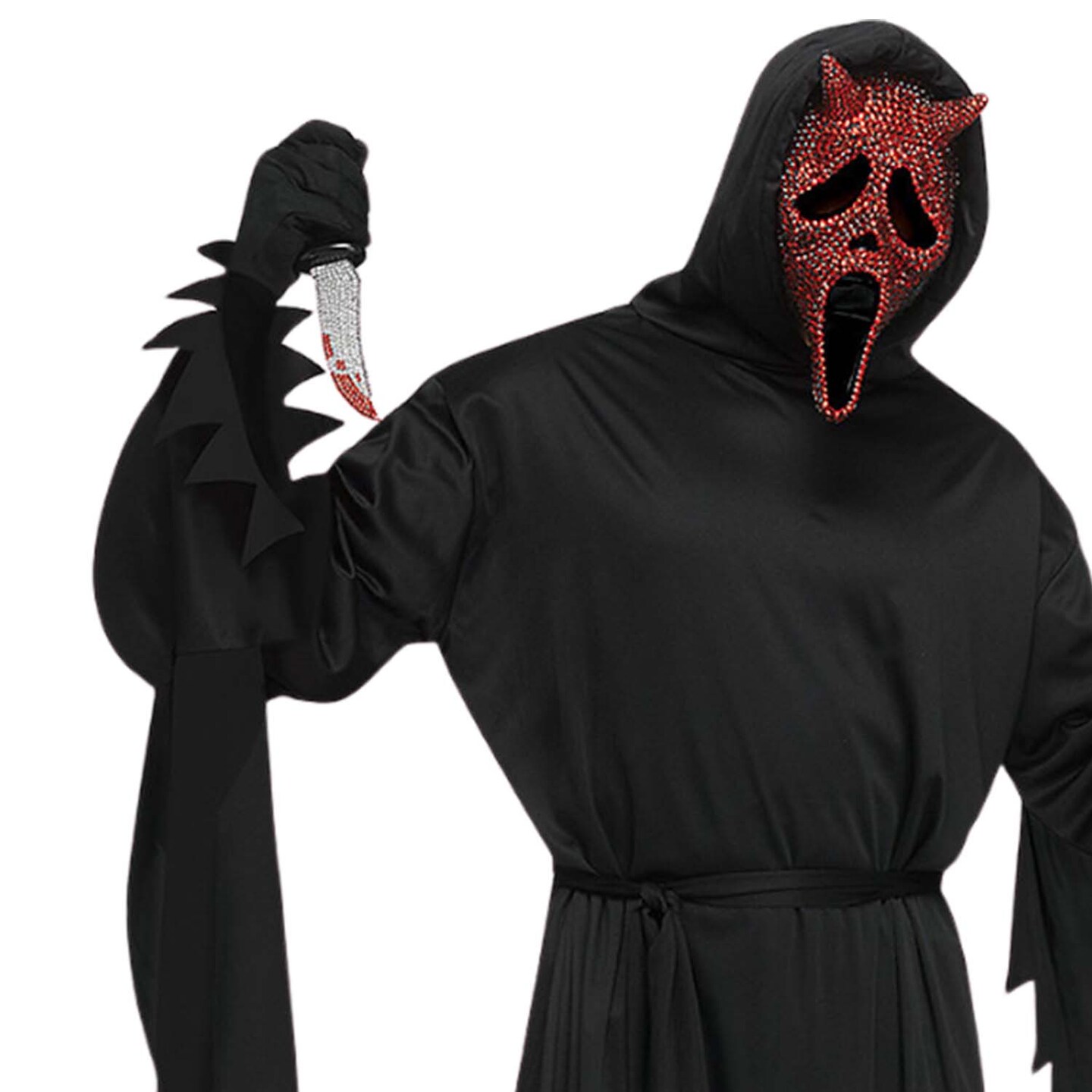 Adults Devil Face Bling Costume Hooded Robe Gloves and Rhinestone Mask