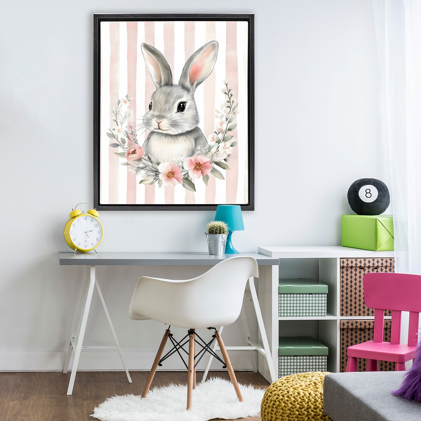 Stupell Industries Pink Striped Nursery Bunny Black Framed Floater Canvas Wall Art, design by Arlington Prints
