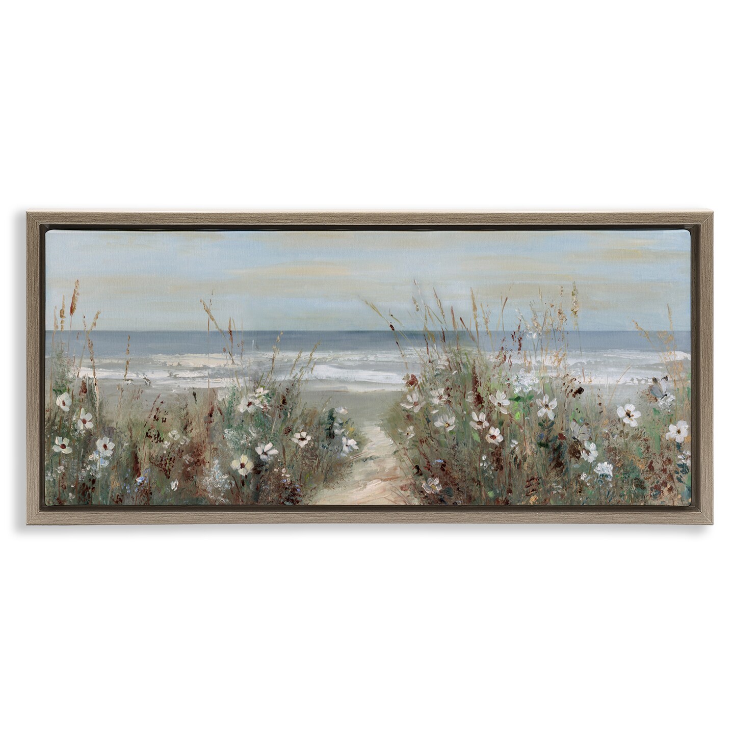 Stupell Industries Wildflower Coastline Beach Path Black Framed Floater Canvas Wall Art, design by Sally Swatland