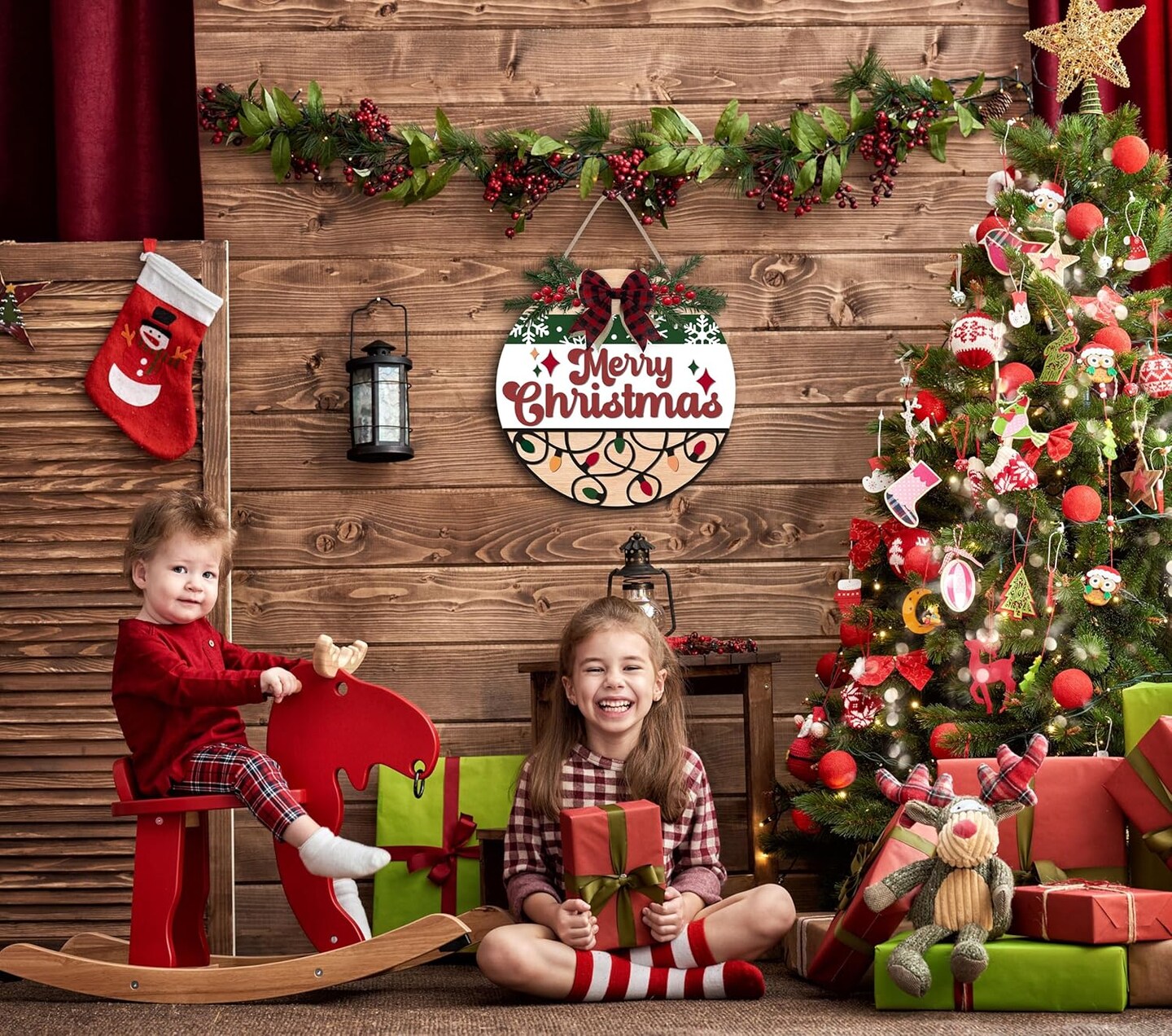 Merry Christmas Wreath Wooden Sign - Red (12x12 inch)