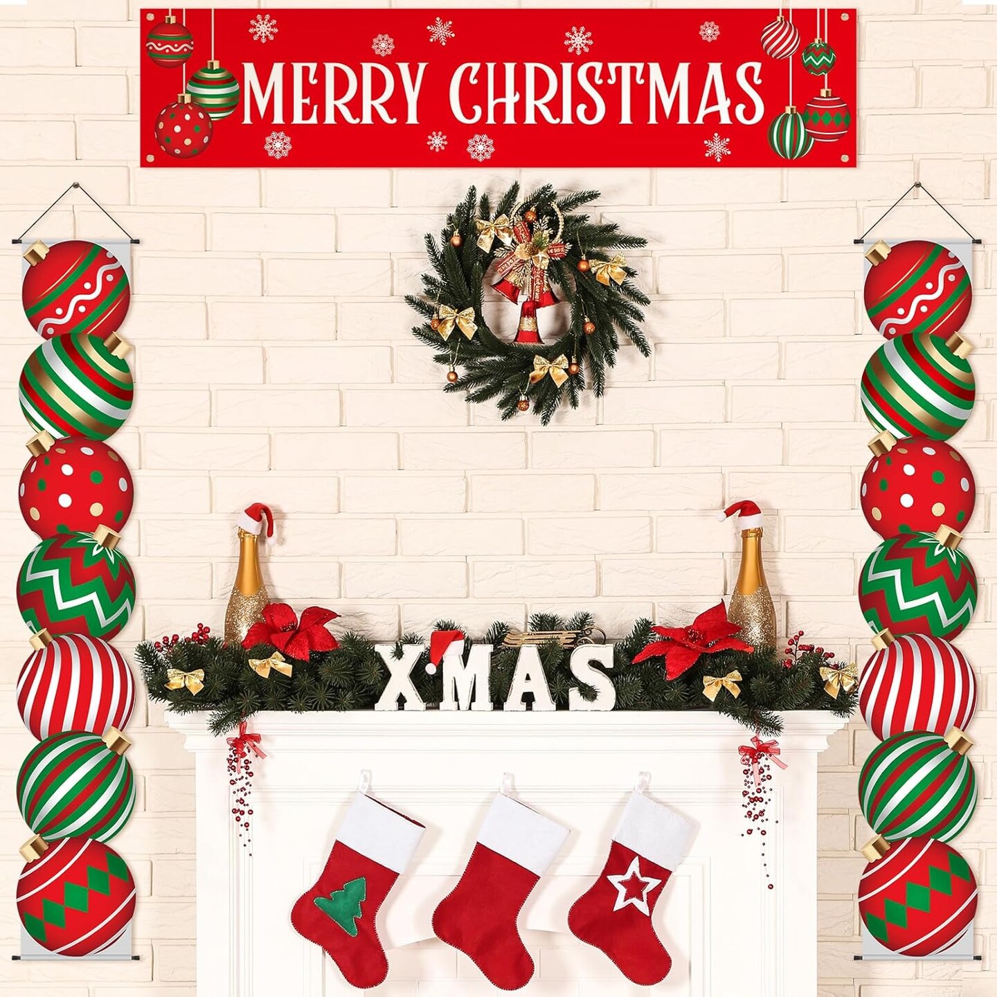 3 Pcs Christmas Decoration Outdoor Christmas Porch Sign for Front Yard Hanging,12 x 71 Inch(Red Green)