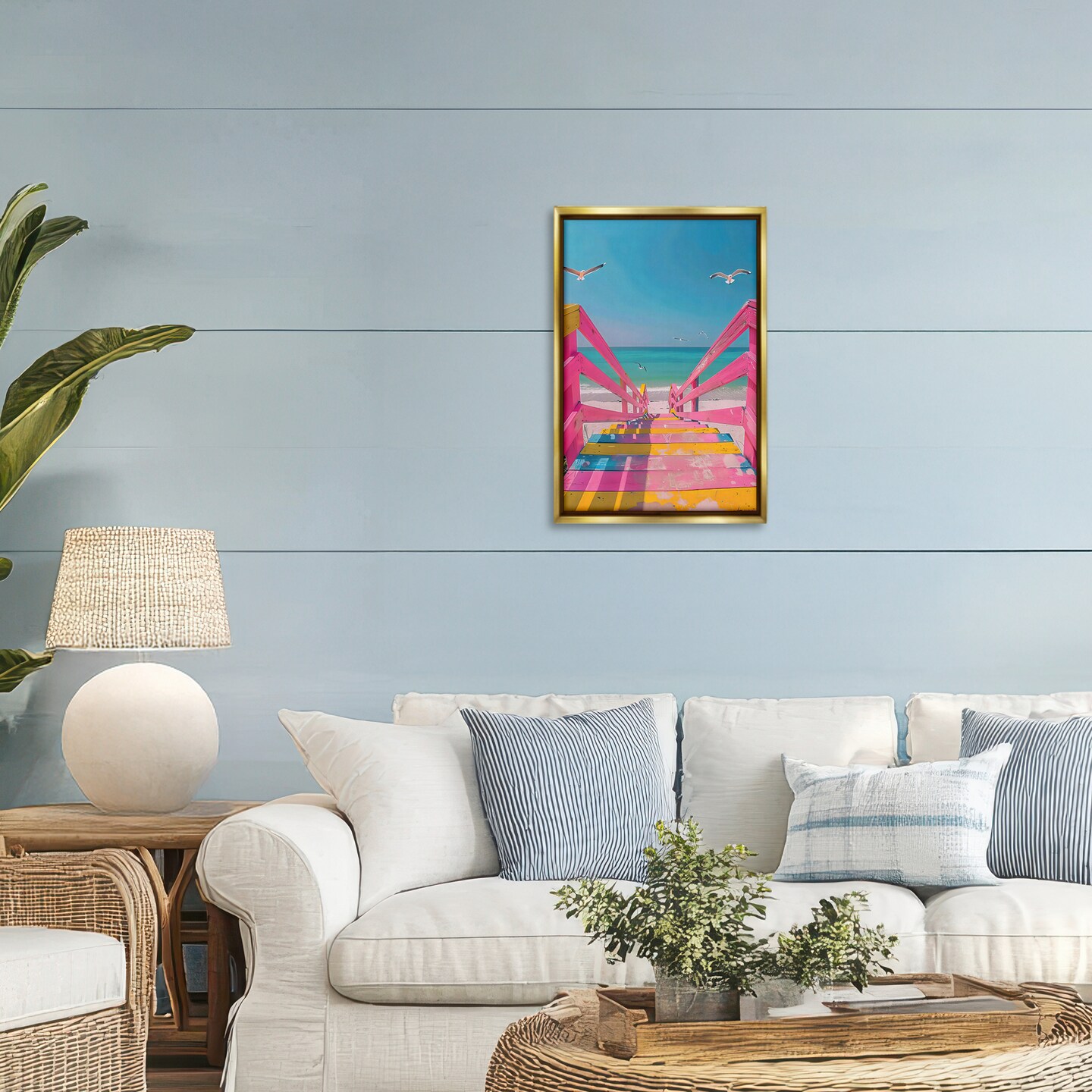Stupell Industries Retro Pink Beach Stairs Black Framed Floater Canvas Wall Art, design by LSR Design Studio