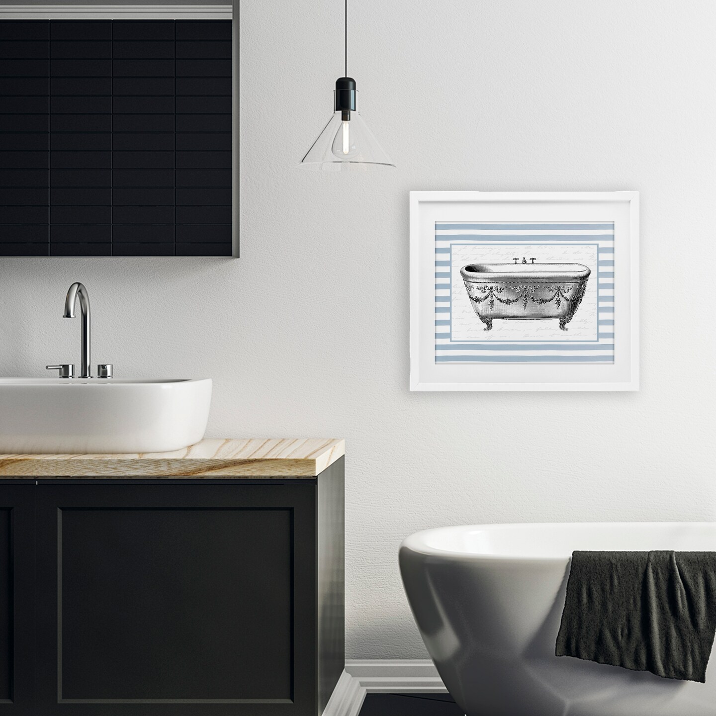 Stupell Industries Ornate Vintage Tub on Stripes Black Framed Print Under Glass, design by Lettered and Lined