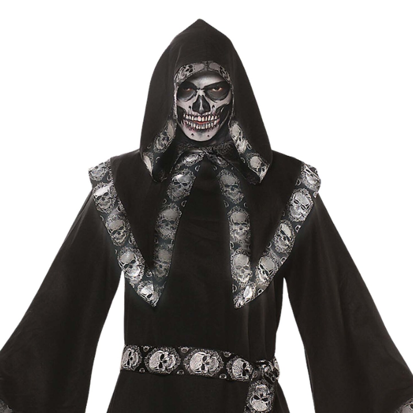 Men Crypt Keeper Costume Skull Jacquard Tunic Hooded Shawl and Belt