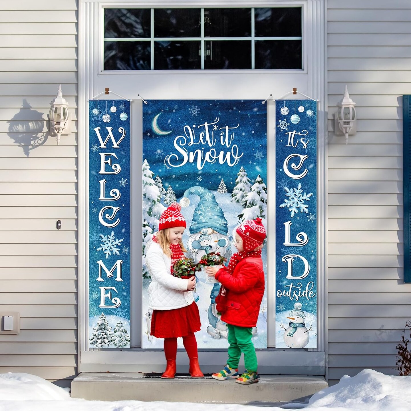 3 Pieces Christmas Door Decorations Gnomes Let It Snow Door Cover Fabric Welcome(blue and white)71"L x 35"W