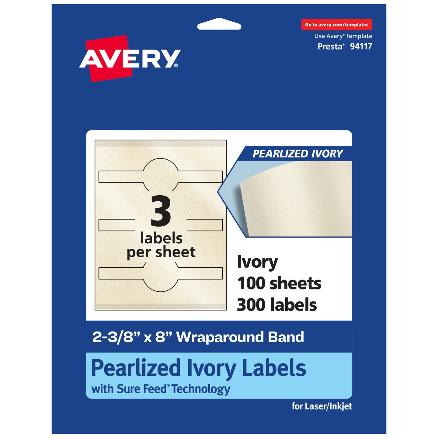 Avery Pearlized Ivory Wraparound Labels with Sure Feed Technology, 2-3/8" x 8"