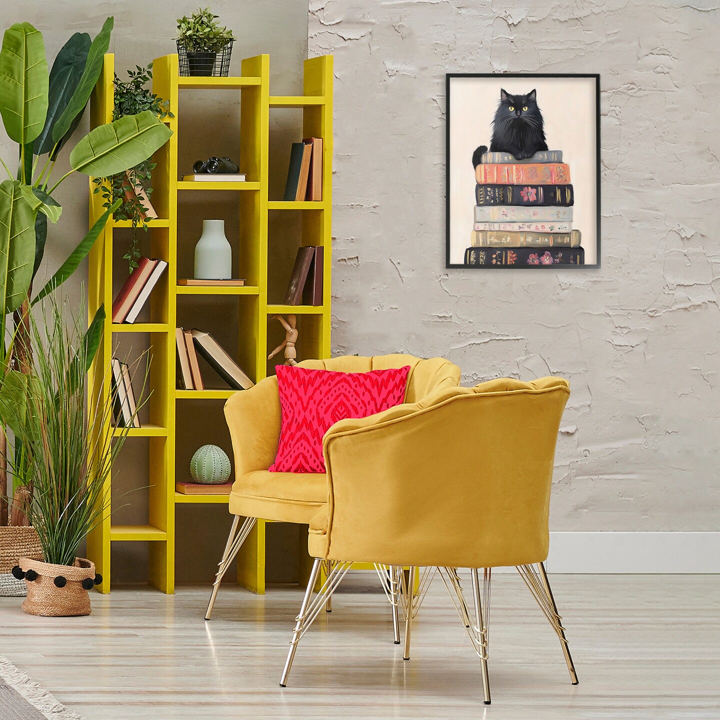 Stupell Industries Book Stack Black Cat Black Framed Giclee Art, design by Arlington Prints