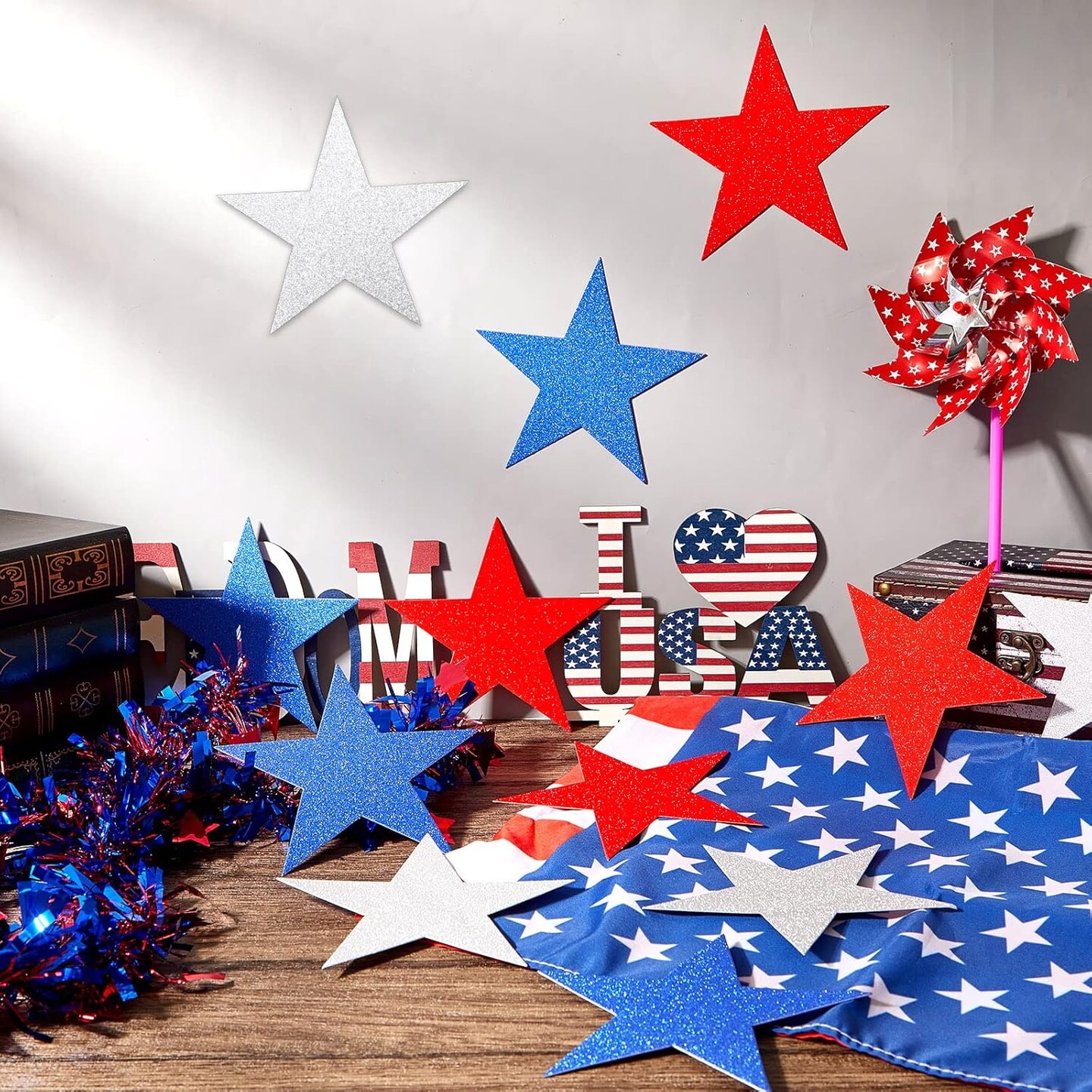 80 Pieces Glitter Star Cutouts Paper Star Confetti Cutouts Party Decor (Red, Blue, Silver)
