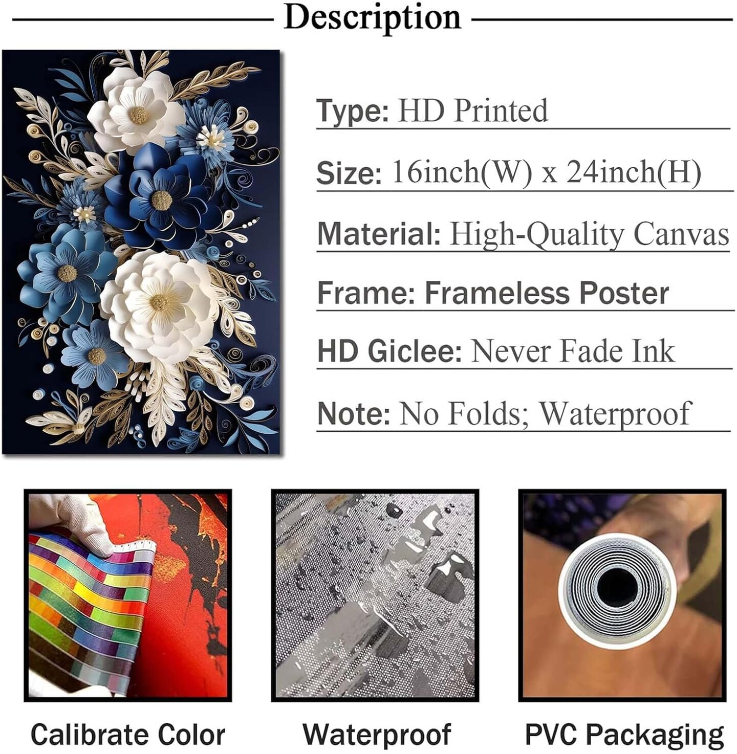 Navy Blue and White Canvas Wall Art 3D Blue White Textured Abstract Art (16x24inch Frameless)