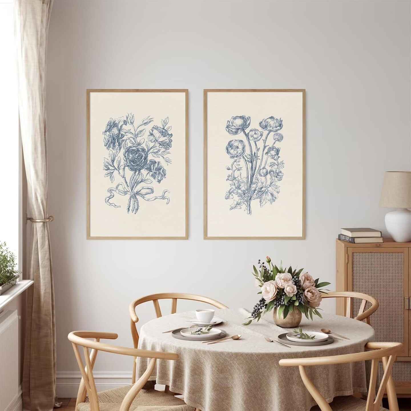 Blue Floral Wall Art Decor Vintage Flower Canvas,(12x16 Inch Unframed Set of 2)