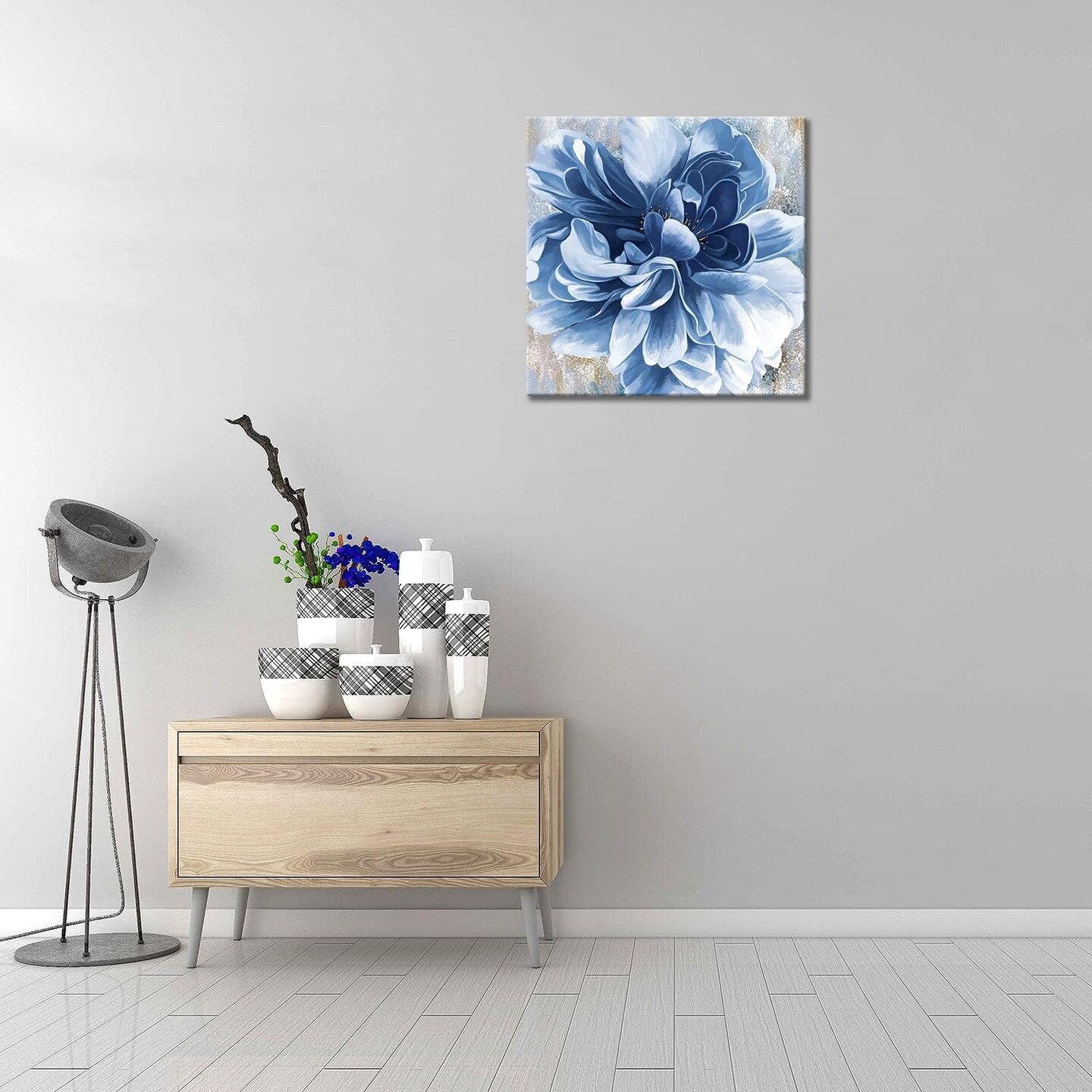 Blue Flower Wall Art,Navy Blue Floral Canvas Print