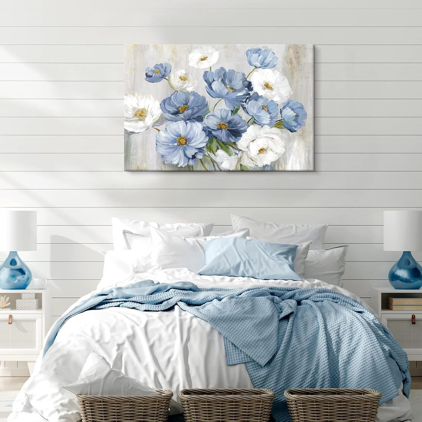 Blue Flower Picture Wall Decor White Floral Wall Art (36" x 24")