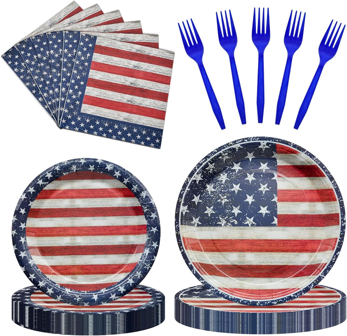 96 PCS Patriotic Tableware Set with Plates Napkins Forks American Flag Design for 4th of July