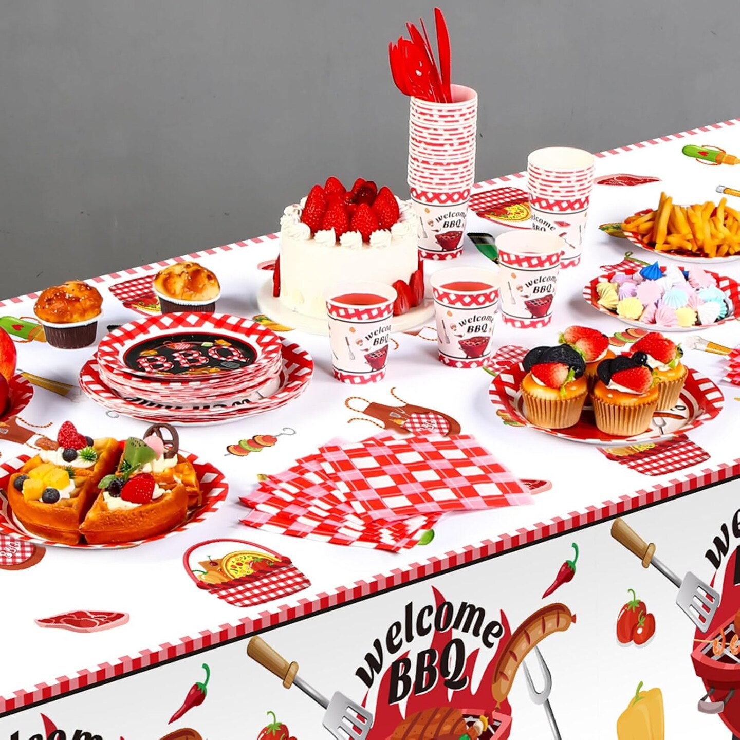 165 Pcs Summer BBQ Party Supplies Picnic Barbecue Decorations BBQ Background Cloth with Rope Picnic Plastic Tablecloth Barbecue Tableware Set