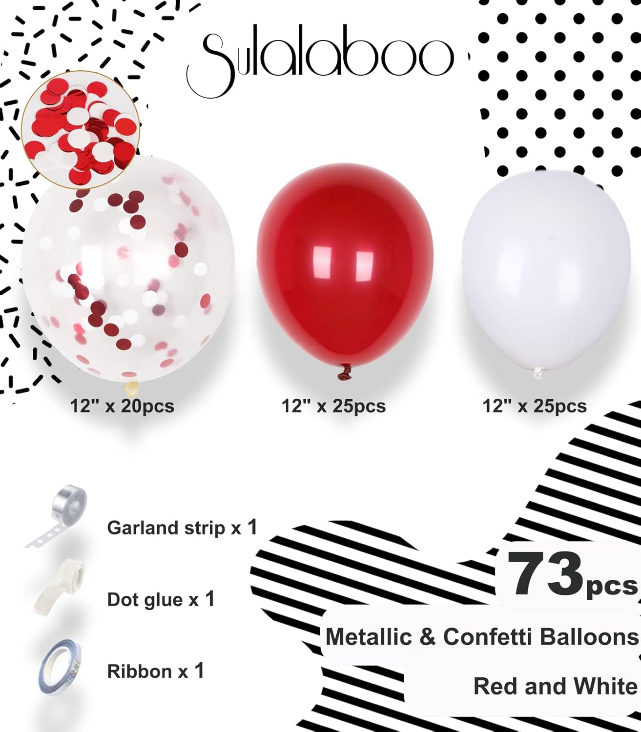 Metallic Red and White Balloons 12Inch 73PCS White Red Confetti Latex Balloons Shiny Helium Balloon Set
