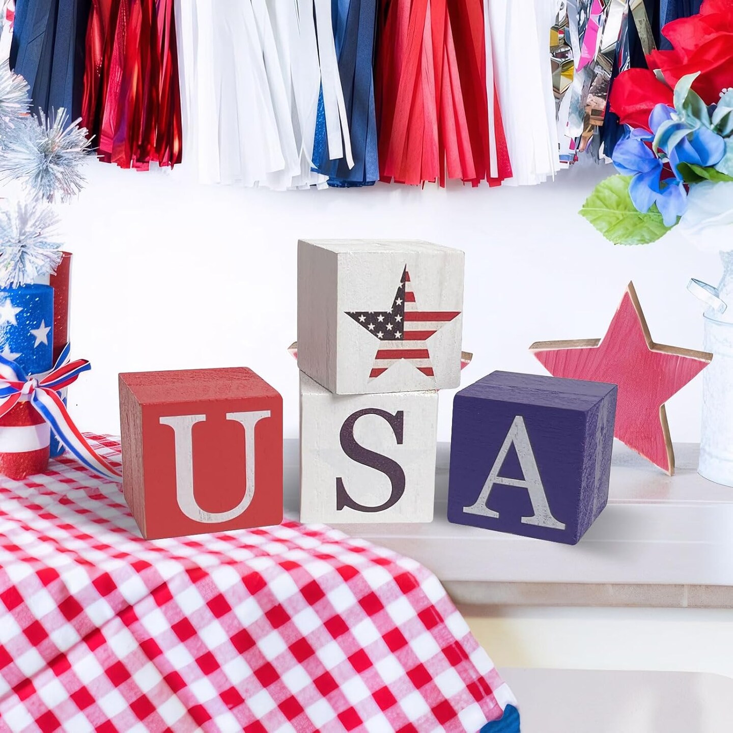Wooden 4th of July Table Decorations for Home, 4pcs Double Sided Patriotic USA Stars Sign Wood Blocks