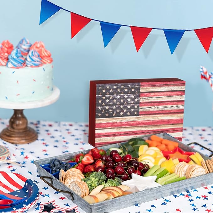 Memorial Day Decor Patriotic 4th of July Tabletop Decorarion Wooden American Flag Box Sign 250th Anniversary Independence Day Veterans Wood Gifts for Table Centerpiece Office Desk Shelf