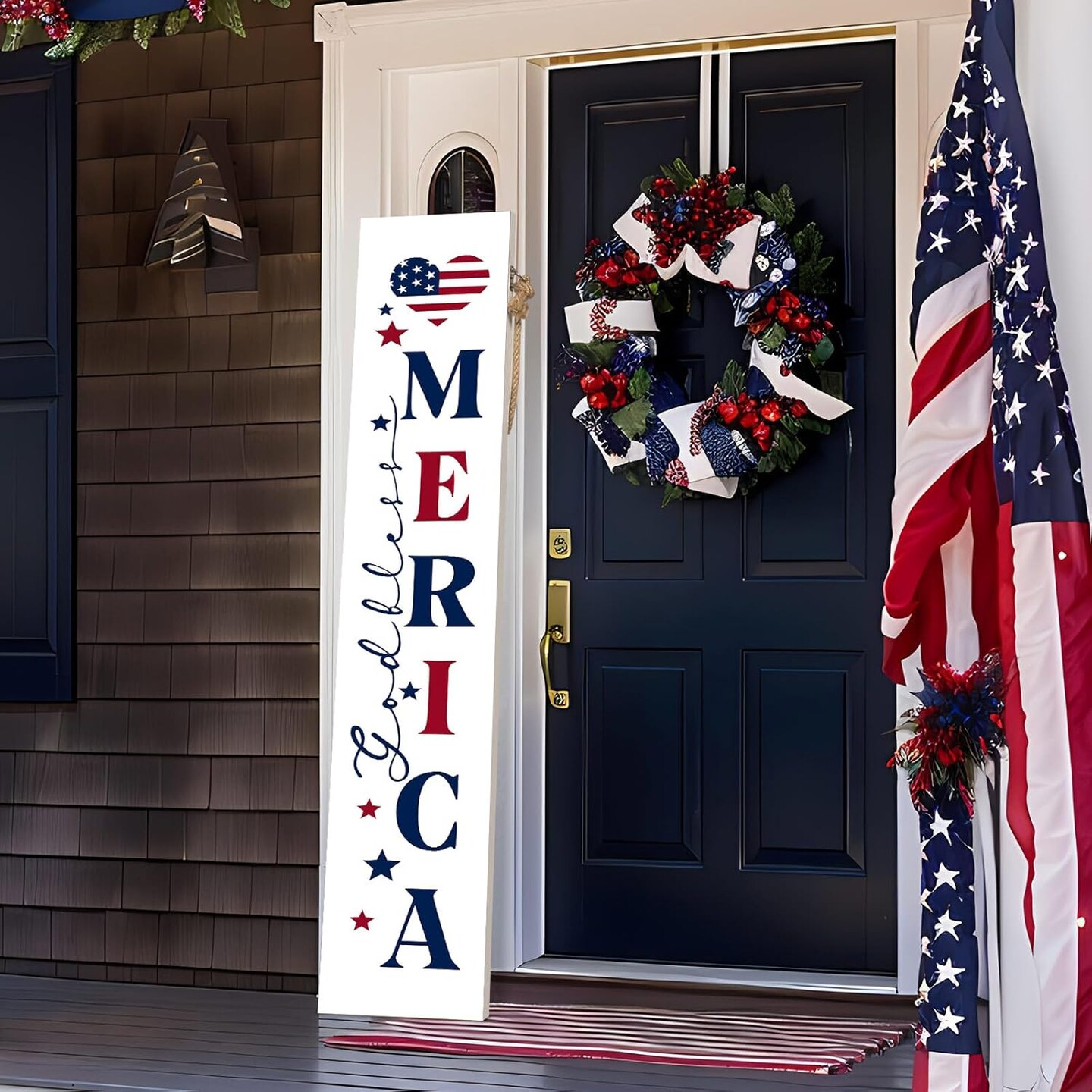 47.2" Double-Sided Patriotic Wooden Porch Sign - Reversible USA Flag & God Bless America Vertical Standing Board - 4th of July, Memorial Day & Independence Day Outdoor Front Door Decor
