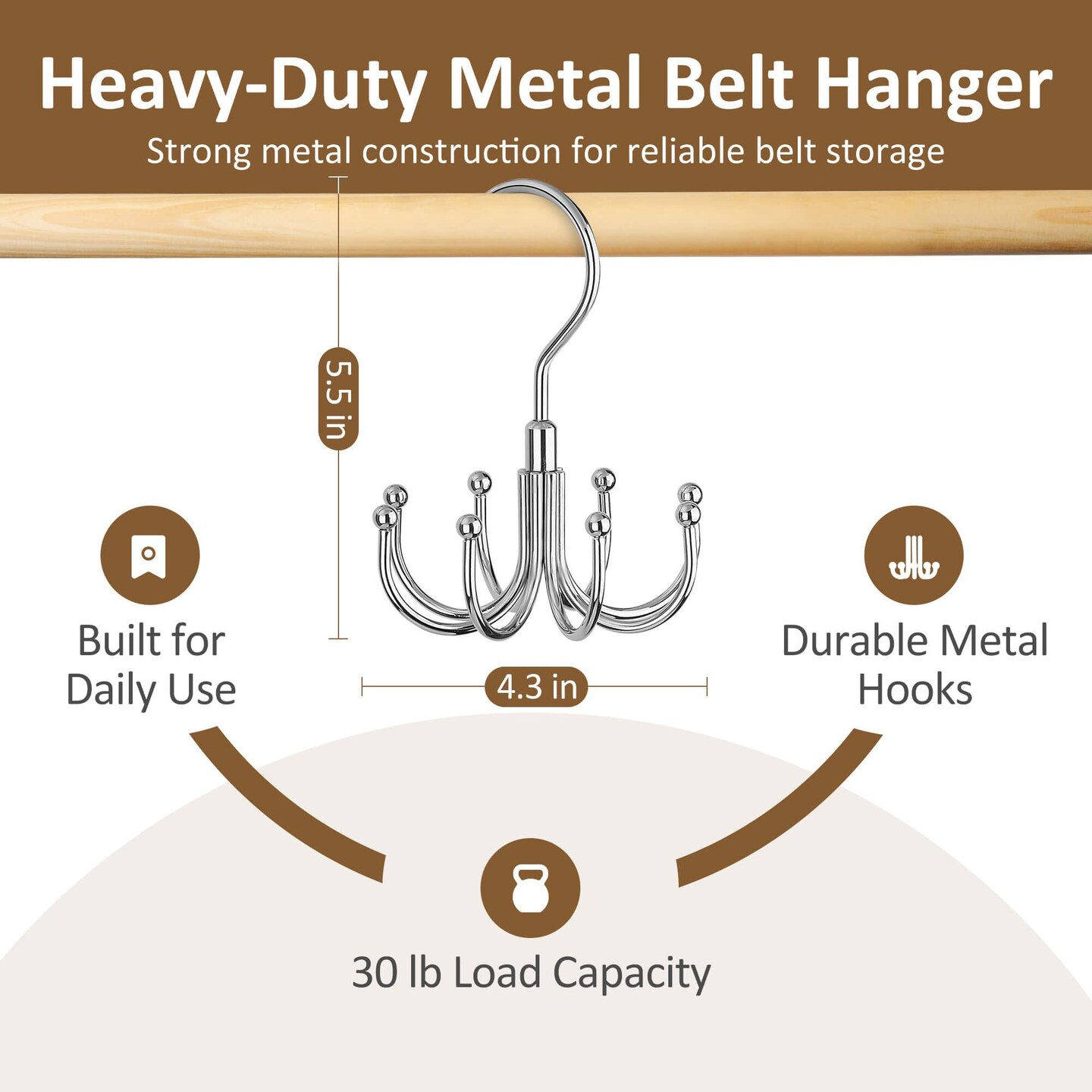 Belt Organizer for Closet, Heavy-Duty Rotating Belt Hanger Rack Holds up to 24 Belts, Hanging Space Saving Metal Belt Holder for Closet Storage, Silver