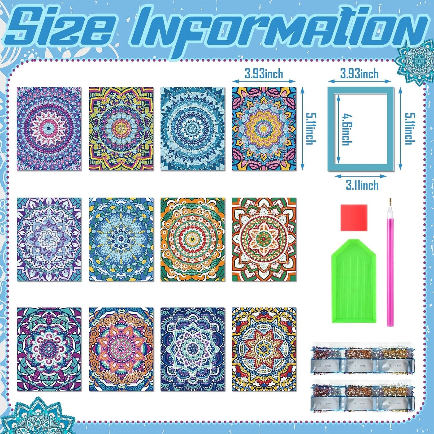 24-Piece Mini Diamond Painting Kit Set for Beginners – 12 Mandala Designs with Borders – Quick 1-Hour DIY Art for Home Décor, Desktop, 5.12x3.94 Inches